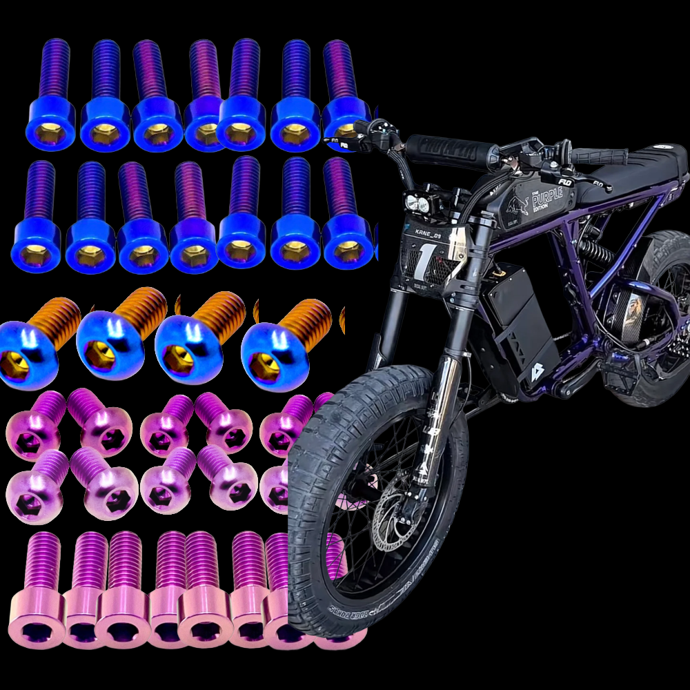 DevMoto Super 73 Titanium Bolt Kit showing assorted titanium bolts and screws on a white background.