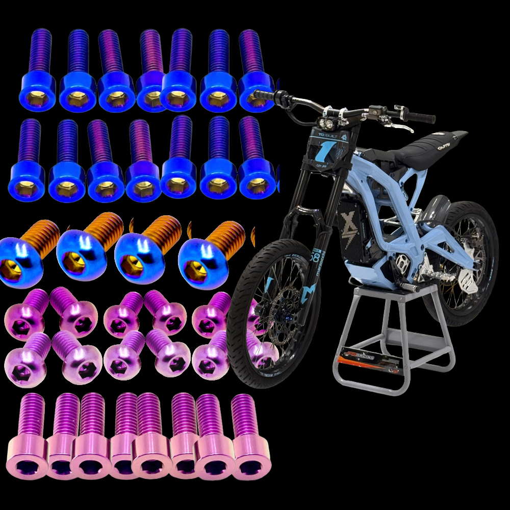 DevMoto Surron LBX Titanium Bolt Kit with screws and fasteners for electric bike maintenance and upgrades.