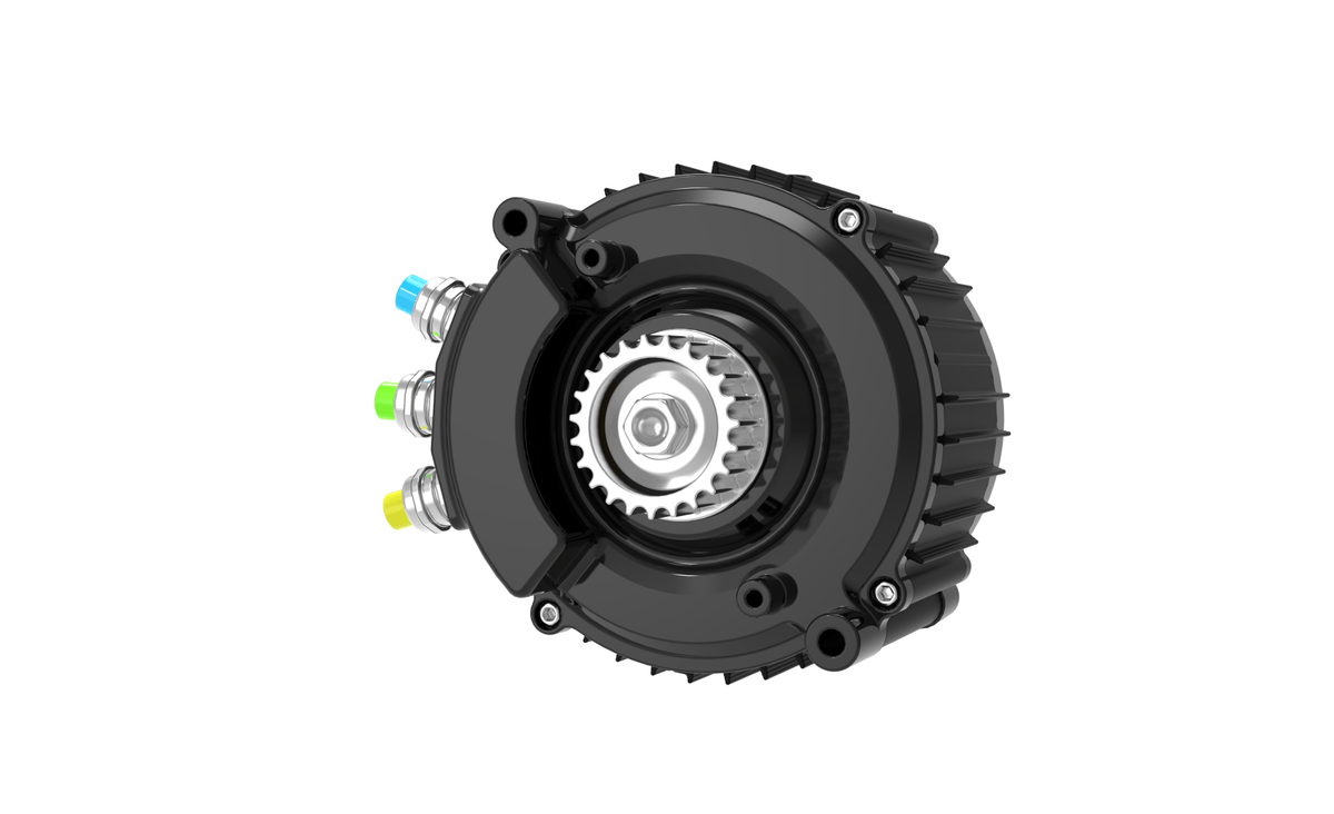 Modded Moto Co Ventus Ryuga 81kW electric motor with cooling fins and wiring harness, designed for high-performance electric vehicles.