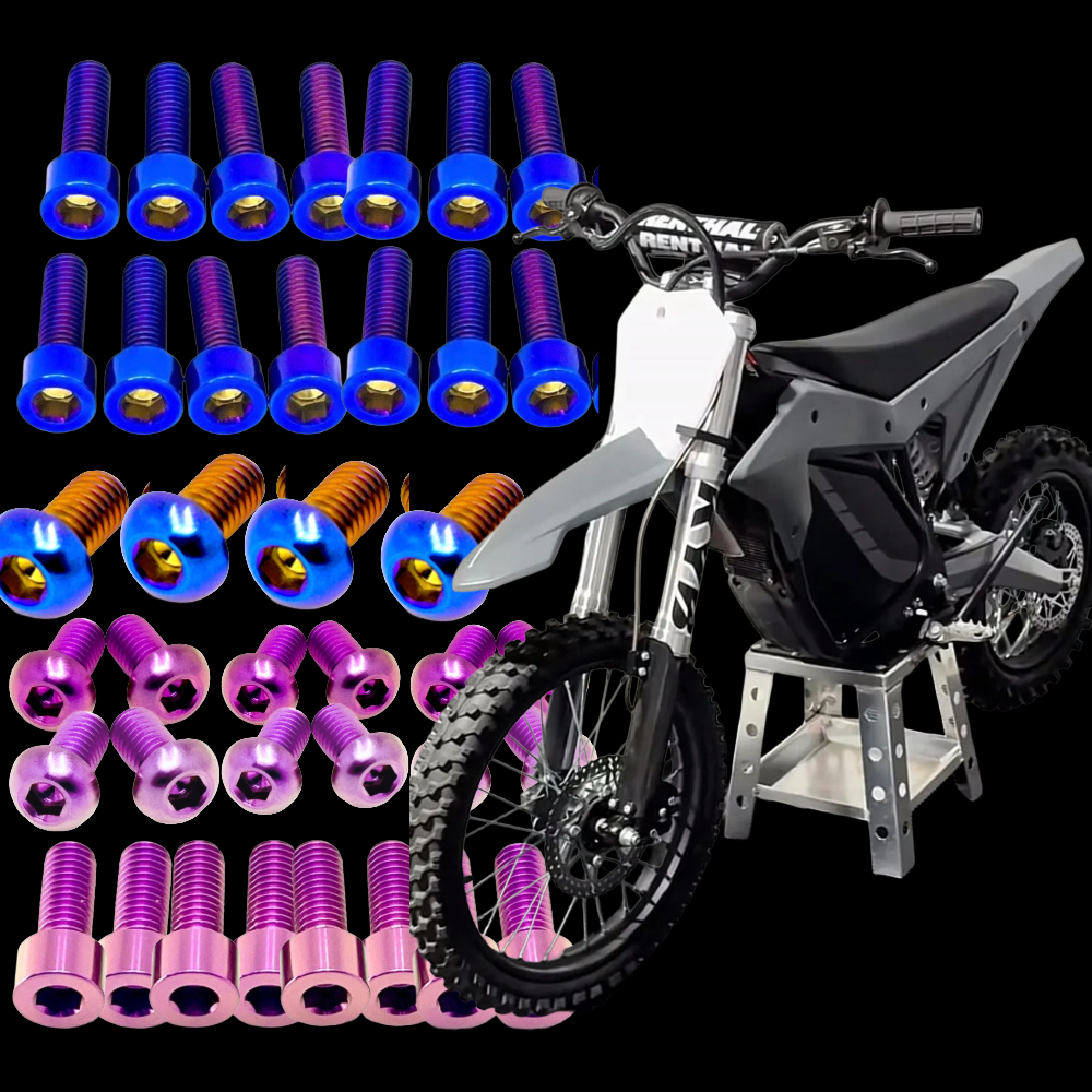 DevMoto RTR Titanium Bolt Kit with various lightweight titanium bolts and fasteners for motorcycle upgrades.
