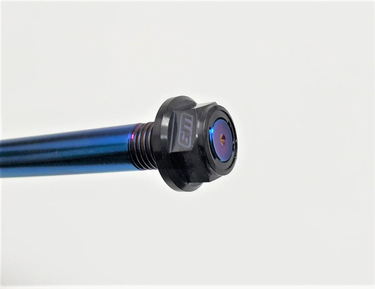Warp 9 Surron titanium swingarm bolt with nut by Modded Moto Co, featuring durable, lightweight titanium construction for motorcycle upgrade.