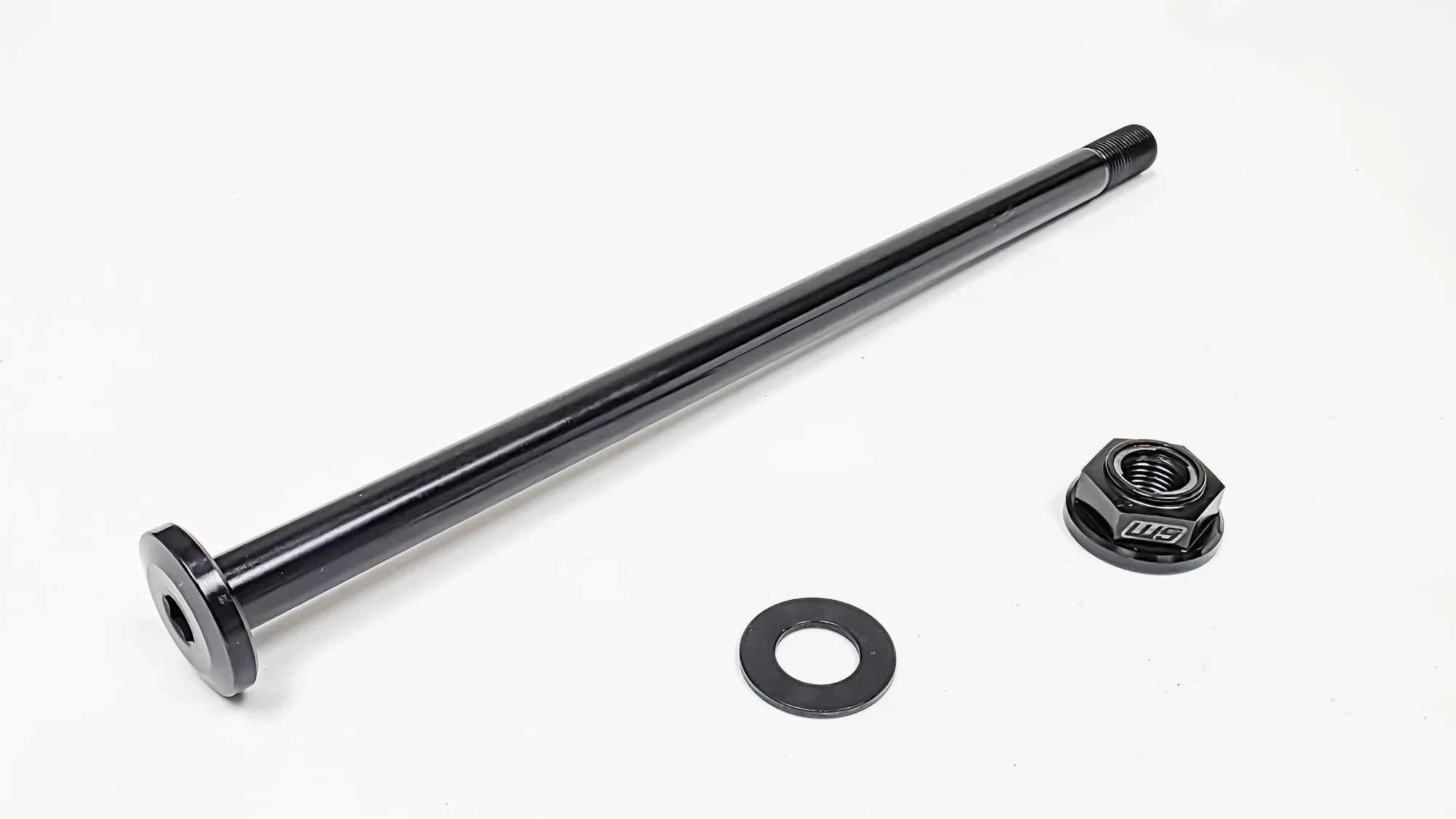 Warp 9 E-Ride 12.9 Cryo Steel Swingarm Bolt by Modded Moto Co, showing a close-up of the rugged, cryo-treated steel bolt for motorcycle swingarm