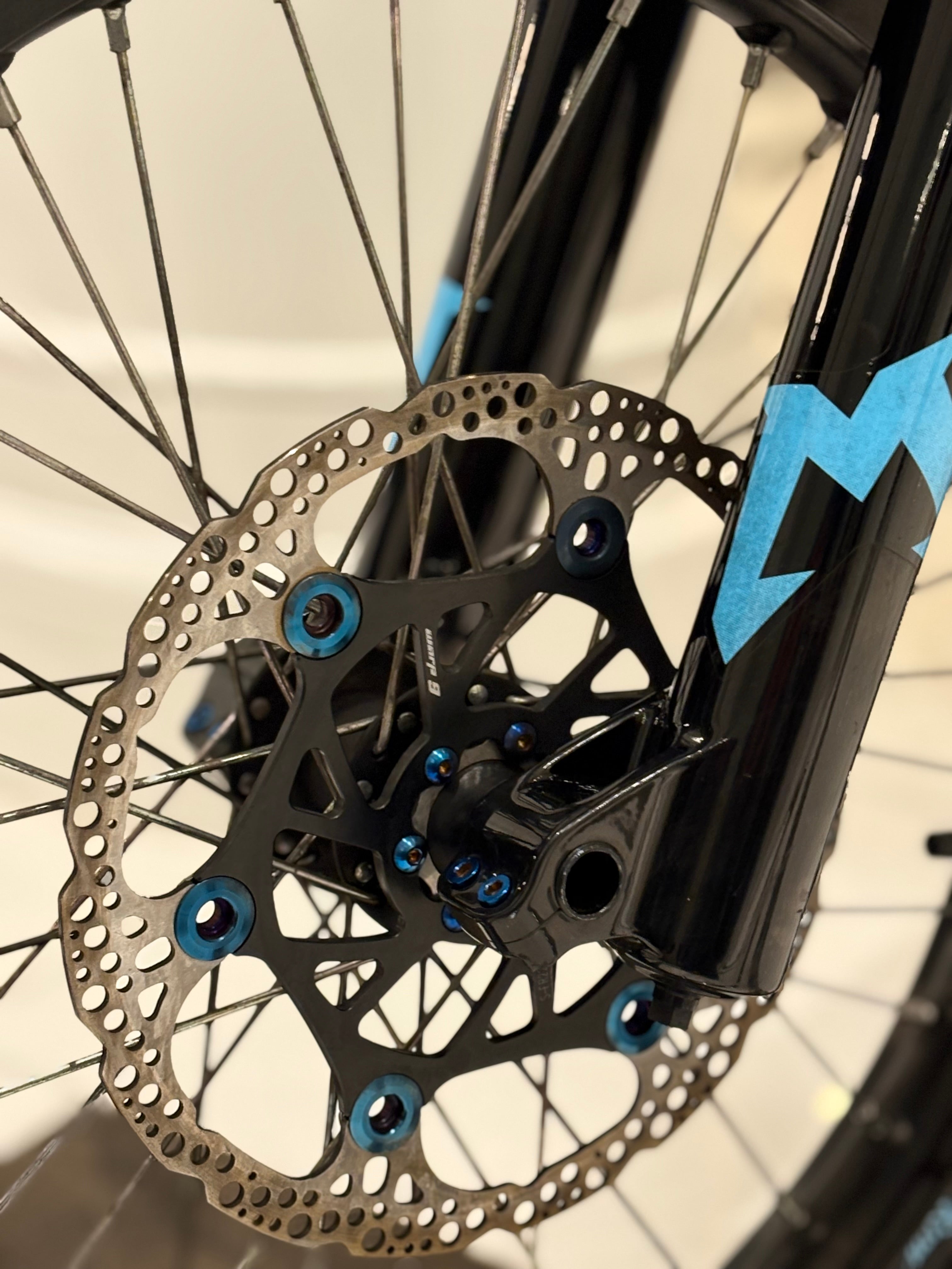 DevMoto All Emoto brake rotor titanium bolts shown, featuring lightweight, durable titanium construction for motorcycle braking systems.