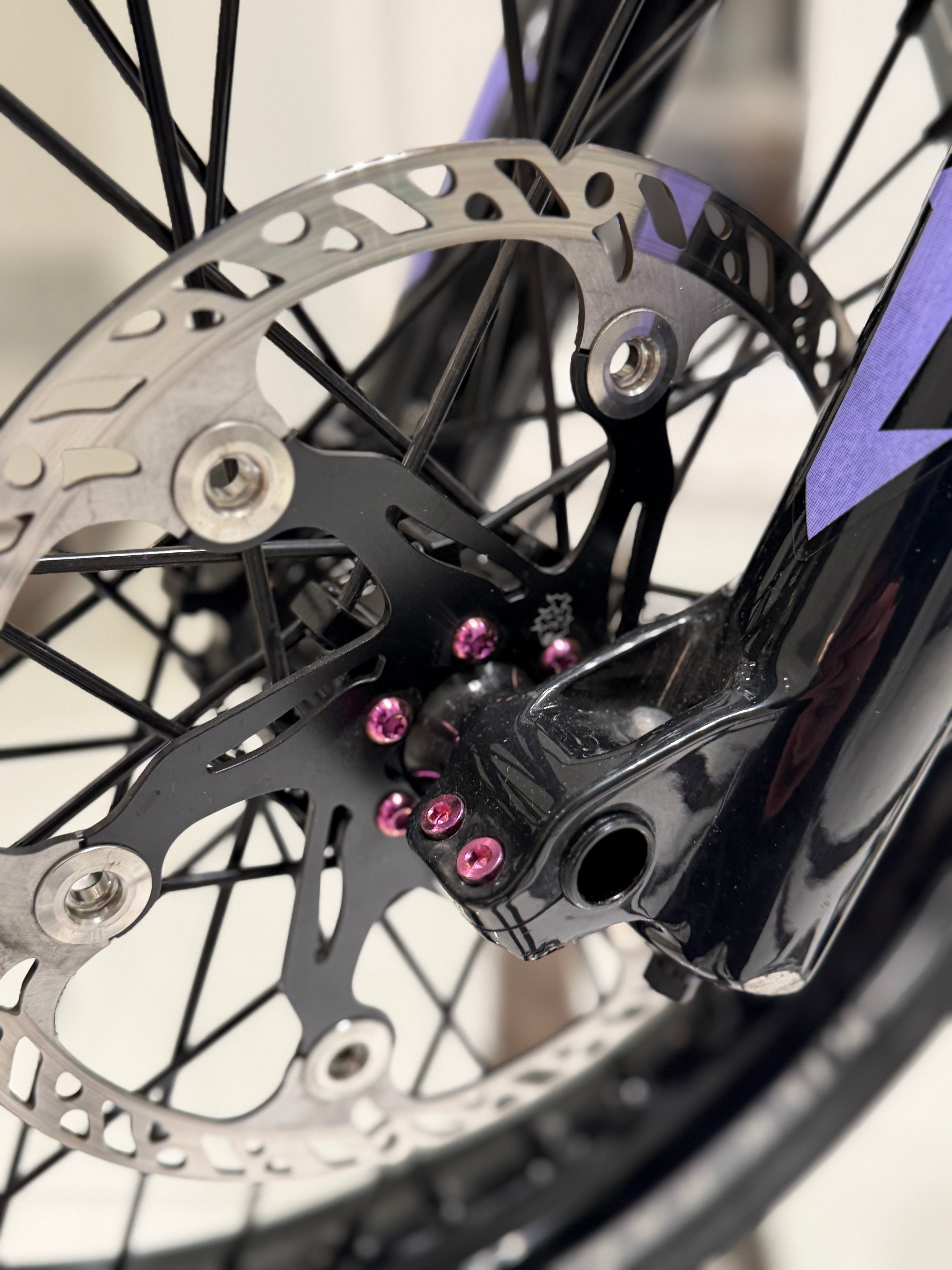 DevMoto All Emoto brake rotor titanium bolts showing shiny, precision-engineered fasteners for motorcycle brake systems.