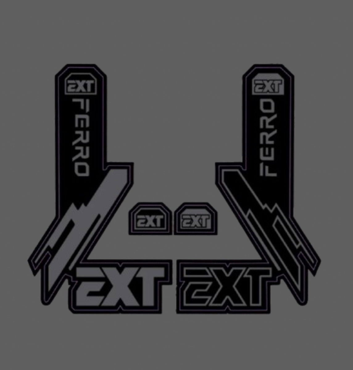 Ramped Racing Ext Ferro Fork Tube decal for motorcycles, featuring black and white graphic design on a clear background.