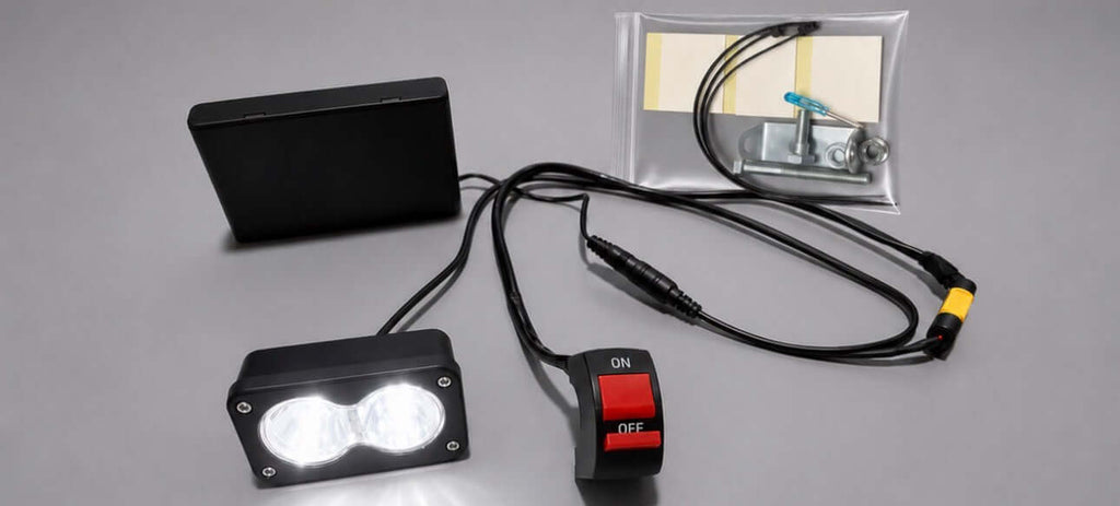 Amp Motion Battery Power Baja Lights with switches mounted on a rugged vehicle for off-road illumination.