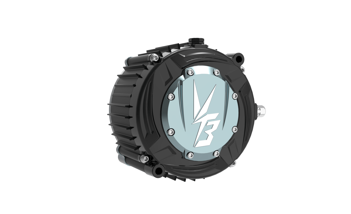 Modded Moto Co Ventus Ryuga 81kW electric motor for Ultra Bee, showing the compact motor with cooling fins and connection points.
