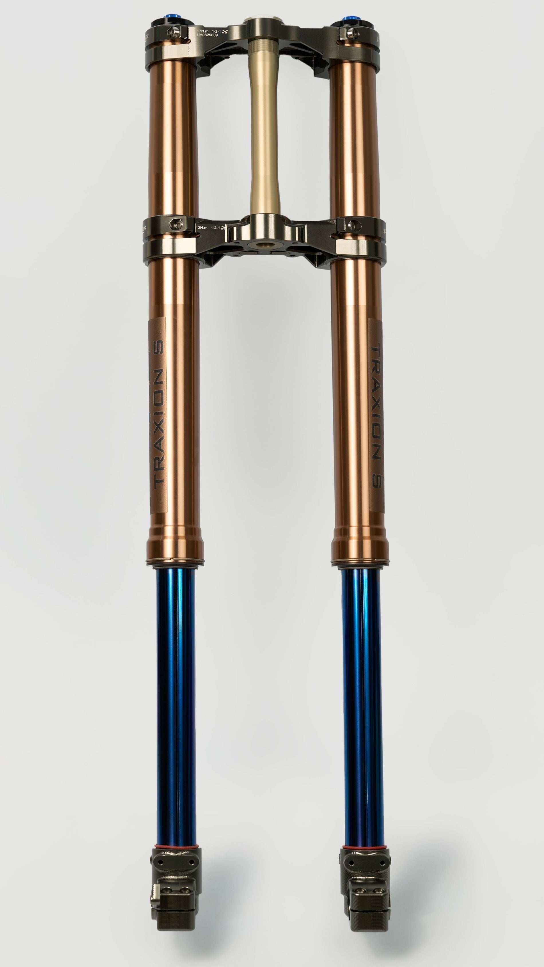 Modded Moto Co Pure Racing Surron Ultra/Talaria Komodo titanium suspension forks with lowers, showcasing sleek design and build quality.