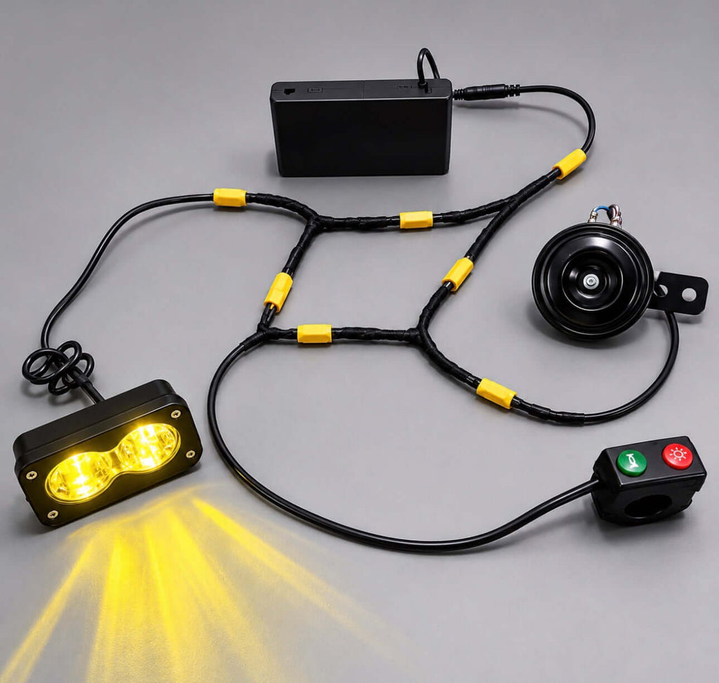 Battery-powered Baja lights with horn by Amp Motion, featuring rugged design and LED lights for off-road adventures.
