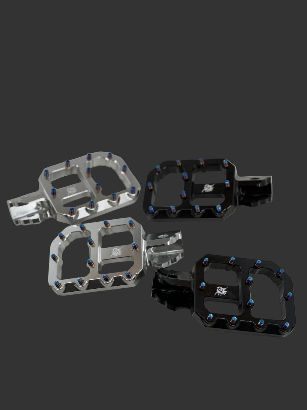 DevMoto E-Moto foot pegs for electric motorcycles, shown with durable metal construction and textured grip surfaces.