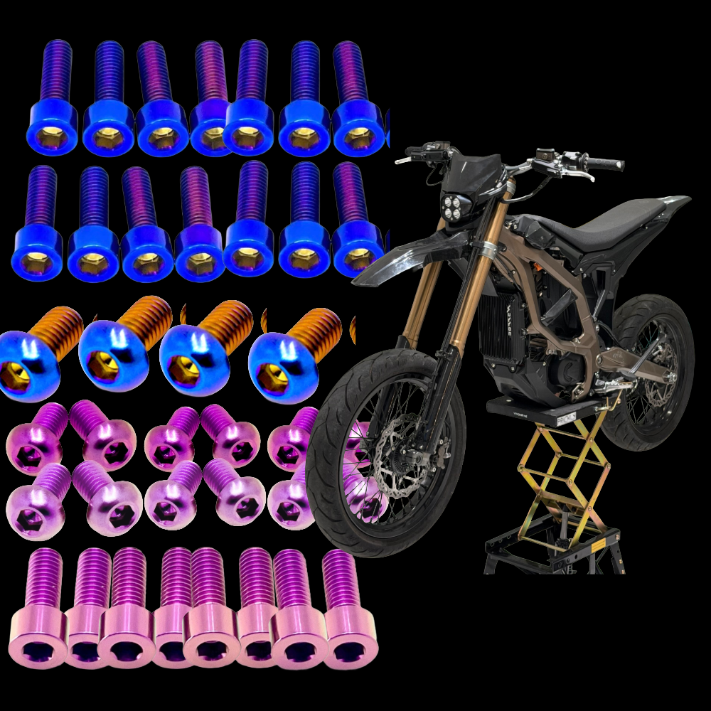 DevMoto Surron Ultra Bee titanium bolt kit with durable, lightweight fasteners for electric bike maintenance and upgrades.