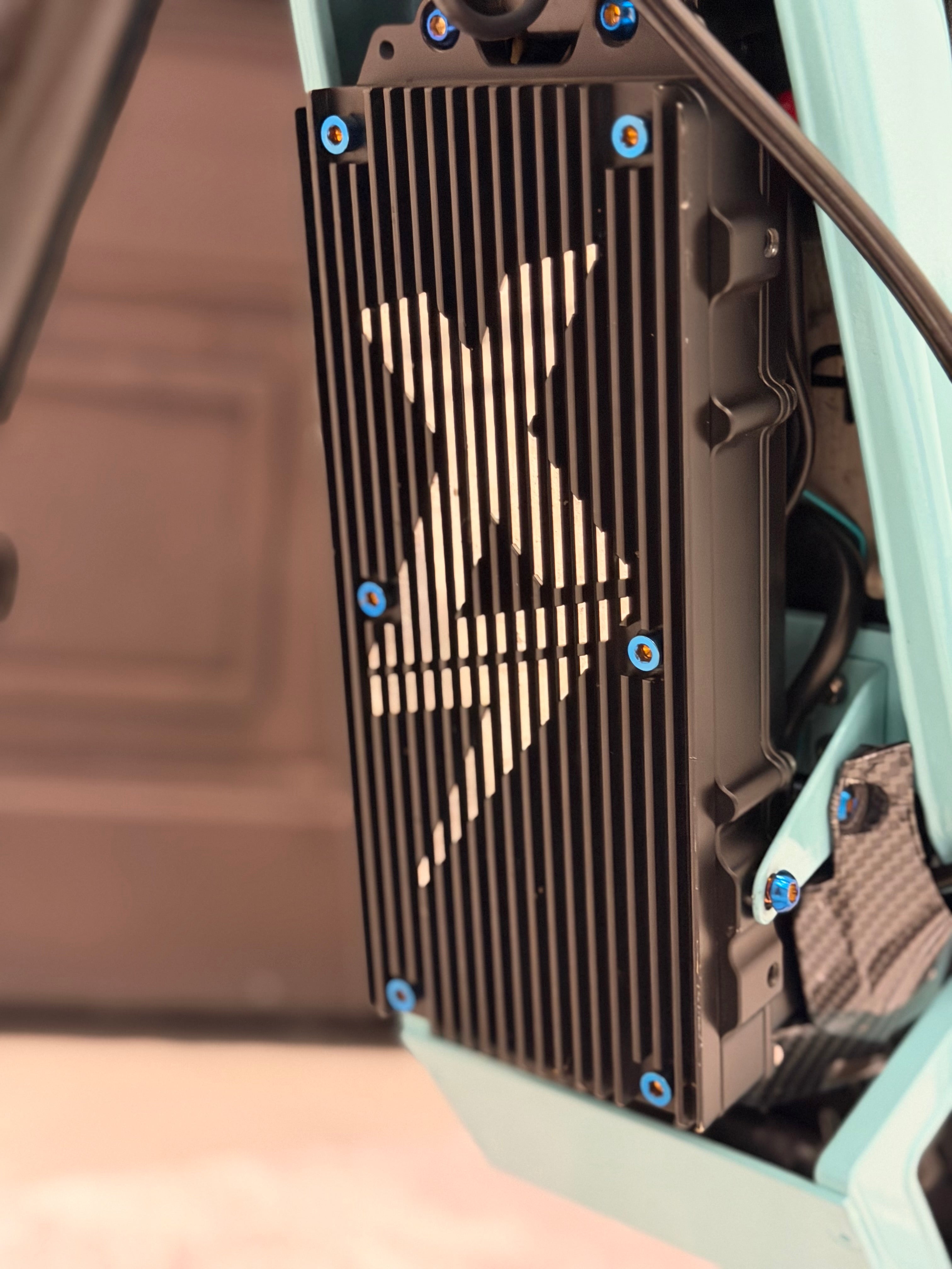 Set of six DevMoto EBMX heat sink titanium bolts shown in a close-up image, highlighting their sleek metallic finish and threaded design.