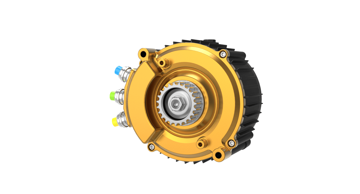 Ventus Ryuga 81kW motor by Modded Moto Co, showcasing the compact, high-performance electric motor with cooling fins and branding.