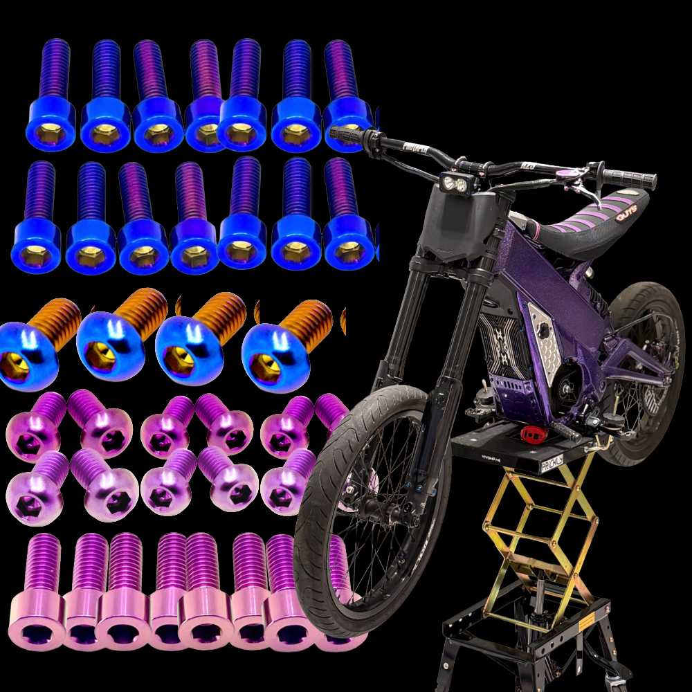 DevMoto Talaria XXX Titanium Bolt Kit showing metallic bolts and hardware on a clean background, designed for high-performance motorcycle use.