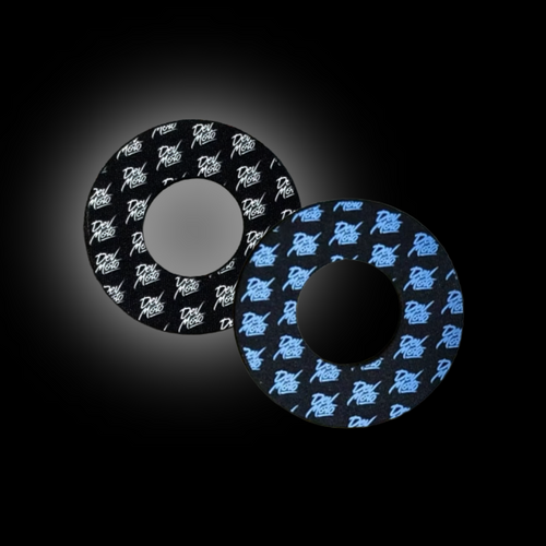 DevMoto Grip Donuts set of colorful rubber donuts for motorcycle handlebars, designed for grip and style.