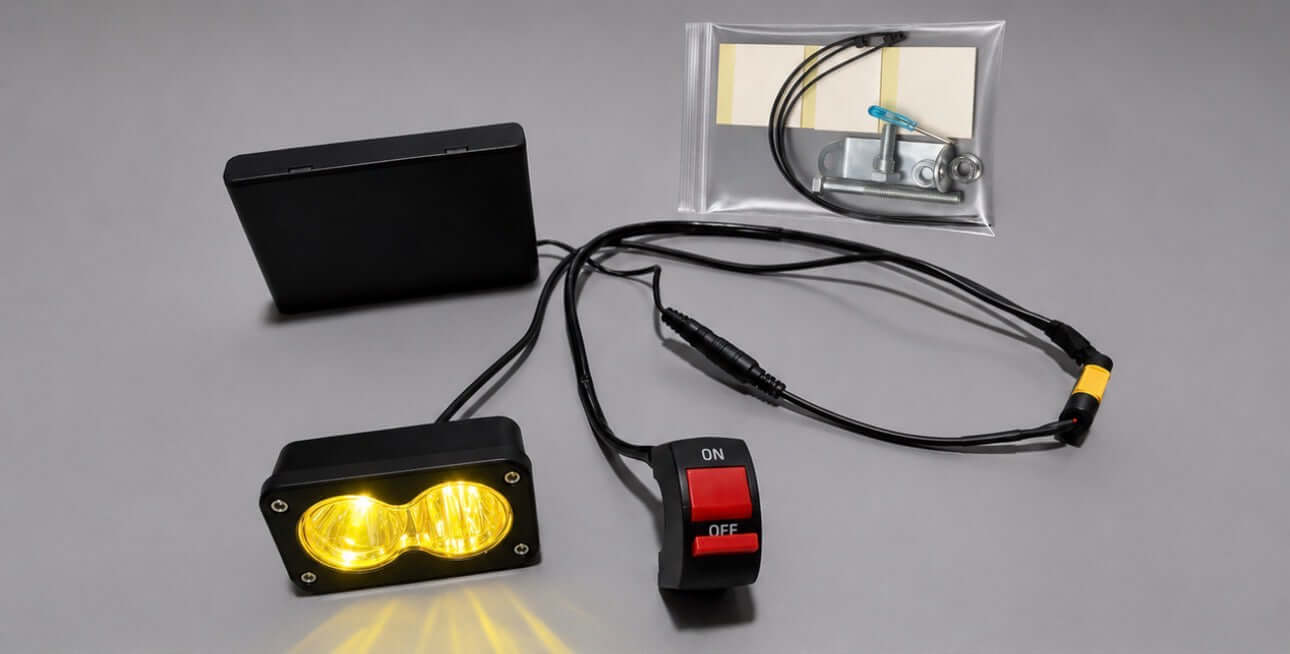 Amp Motion Battery Power Baja Lights with switches mounted on a vehicle for off-road illumination.