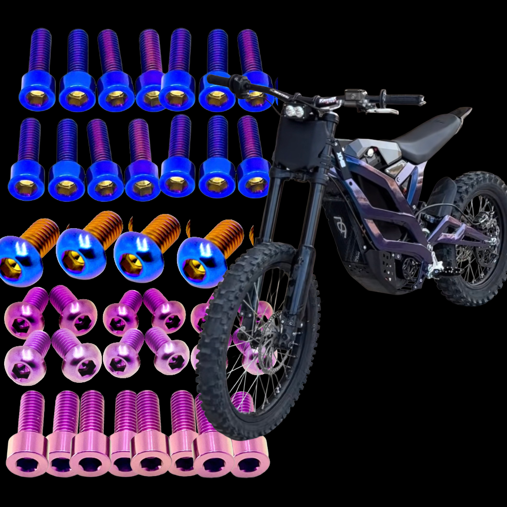 DevMoto Falcon Bike Titanium Bolt Kit with multiple lightweight titanium bolts and fasteners for bike upgrades.