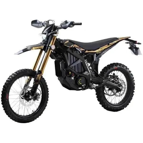 Black carbon fiber Surron Ultra Bee 2025 electric bike with sleek design and BWDesigns branding.