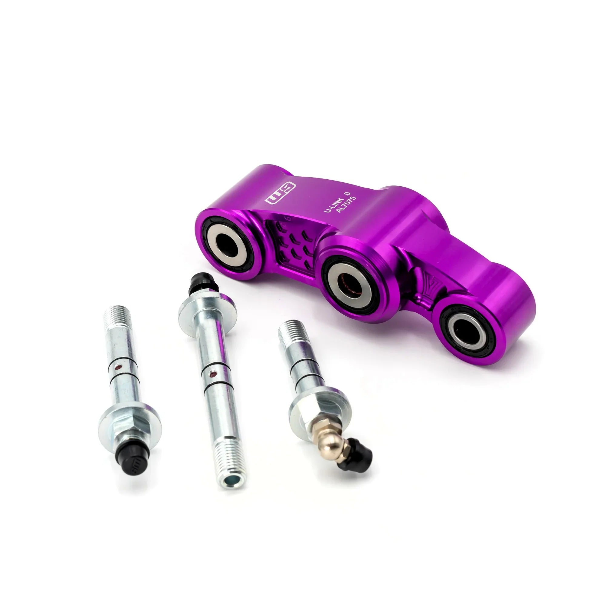 Modded Moto Co Warp 9 Ultra Bee rear linkage for motorcycle, showing detailed metal components and precise machining.