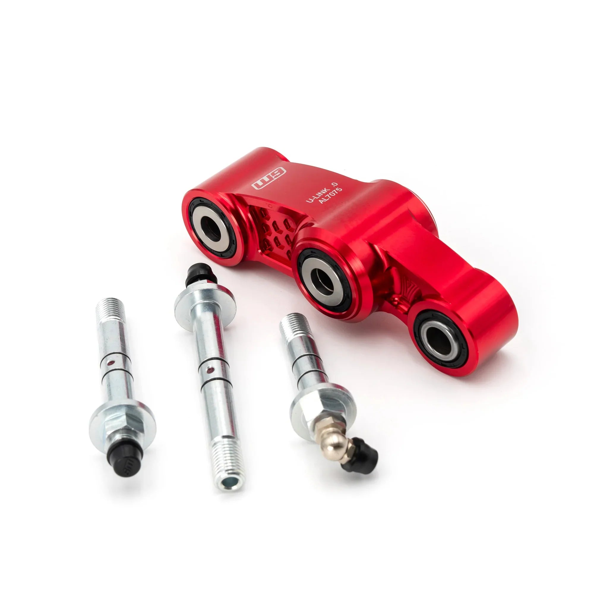 Modded Moto Co Warp 9 Ultra Bee rear linkage for motorcycle, showcasing precise metal components and mounting points.