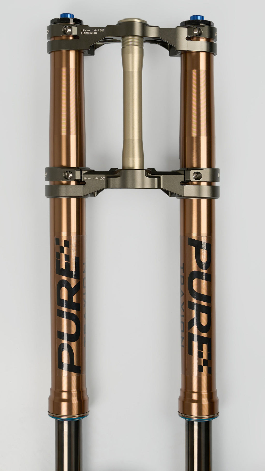 Modded Moto Co Pure Racing Surron Ultra and Talaria Komodo suspension forks installed on a bike, showcasing their design and build.
