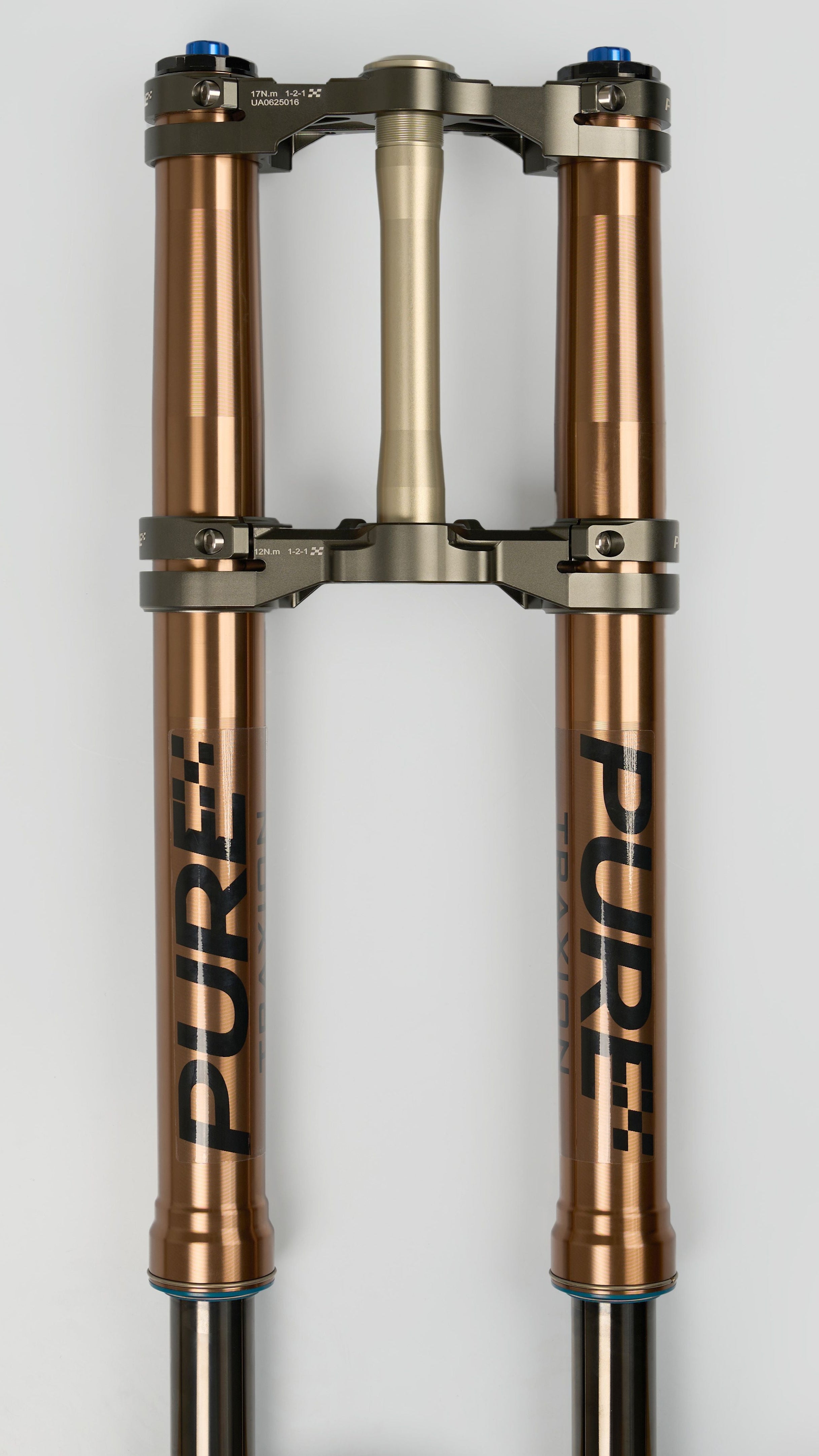 Modded Moto Co Pure Racing Surron Ultra and Talaria Komodo suspension forks installed on a bike, showcasing their design and build.