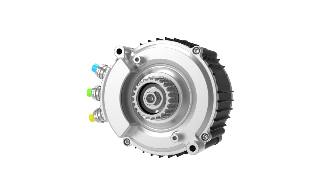 Ventus Ryuga 81kW electric motor by Modded Moto Co, showcasing the compact design and industrial build of the Ultra Bee motor.