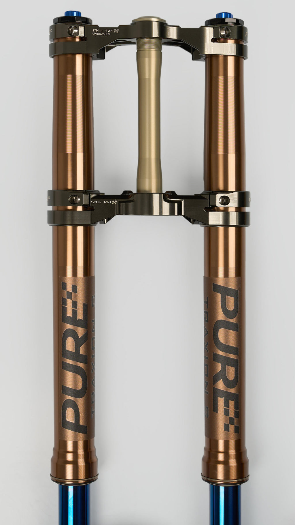 Modded Moto Co Pure Racing Surron Ultra/Talaria Komodo suspension forks with titanium lowers, showcasing sleek, high-performance design.