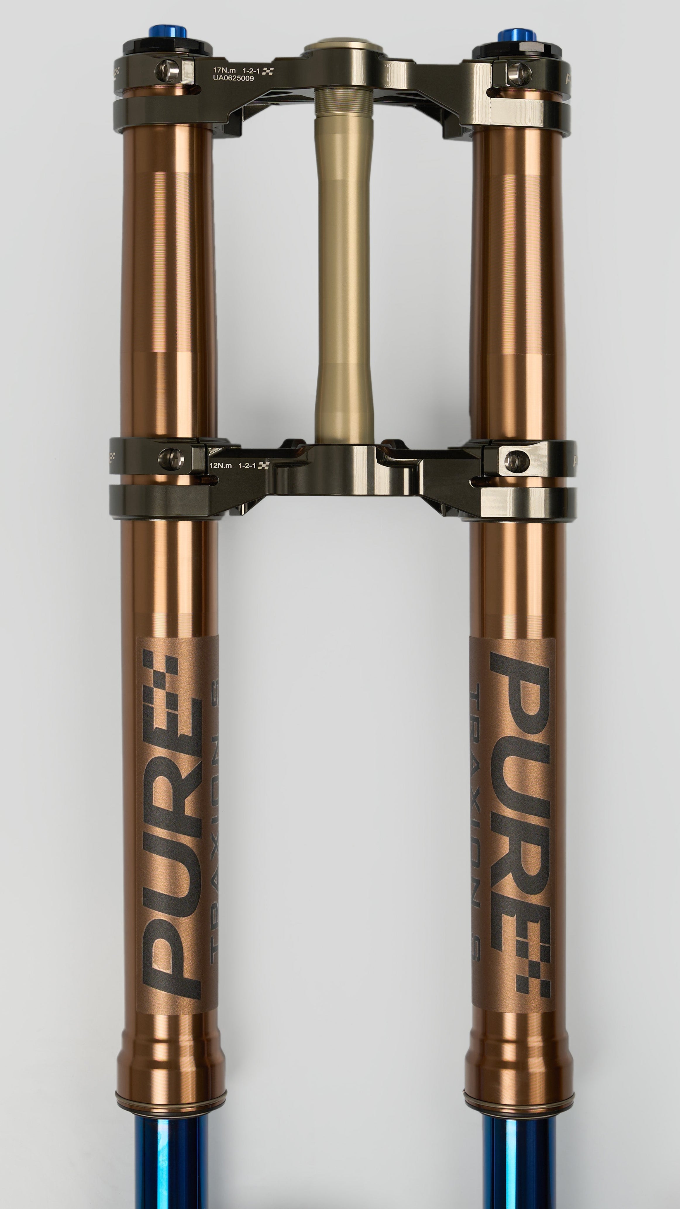 Modded Moto Co Pure Racing Surron Ultra/Talaria Komodo suspension forks with titanium lowers, showcasing sleek, high-performance design.