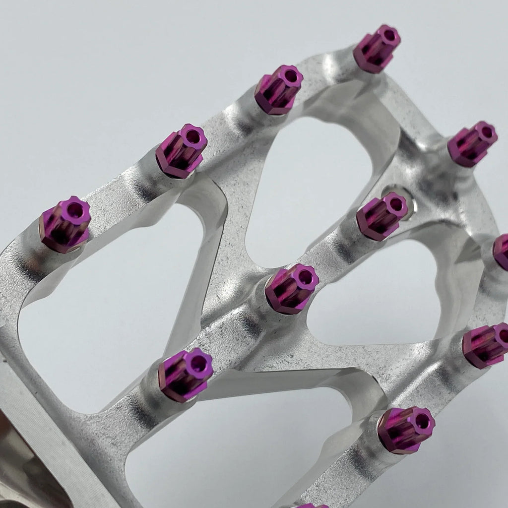 Warp 9 Titanium Elite foot peg screws, titanium bolts from Modded Moto Co, shown with EP-TORX screw head design.