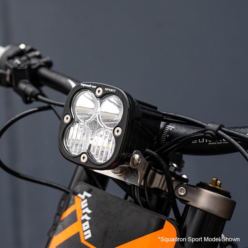 FR SPORT Baja Designs Sur-Ron/Talaria Squadron Pro headlight conversion kit installed on a bike, showing the LED headlight assembly.