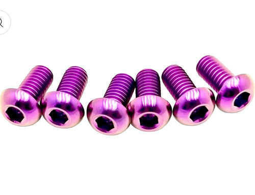 DevMoto Emoto brake rotor titanium bolts shown in a close-up, highlighting their sleek metallic finish and precise threading.