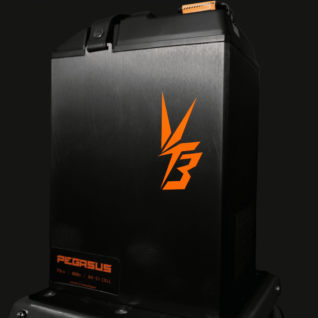 Modded Moto Co Ventus Ultra Bee 96V 56AH battery showing its compact, high-capacity design and branding on the unit.