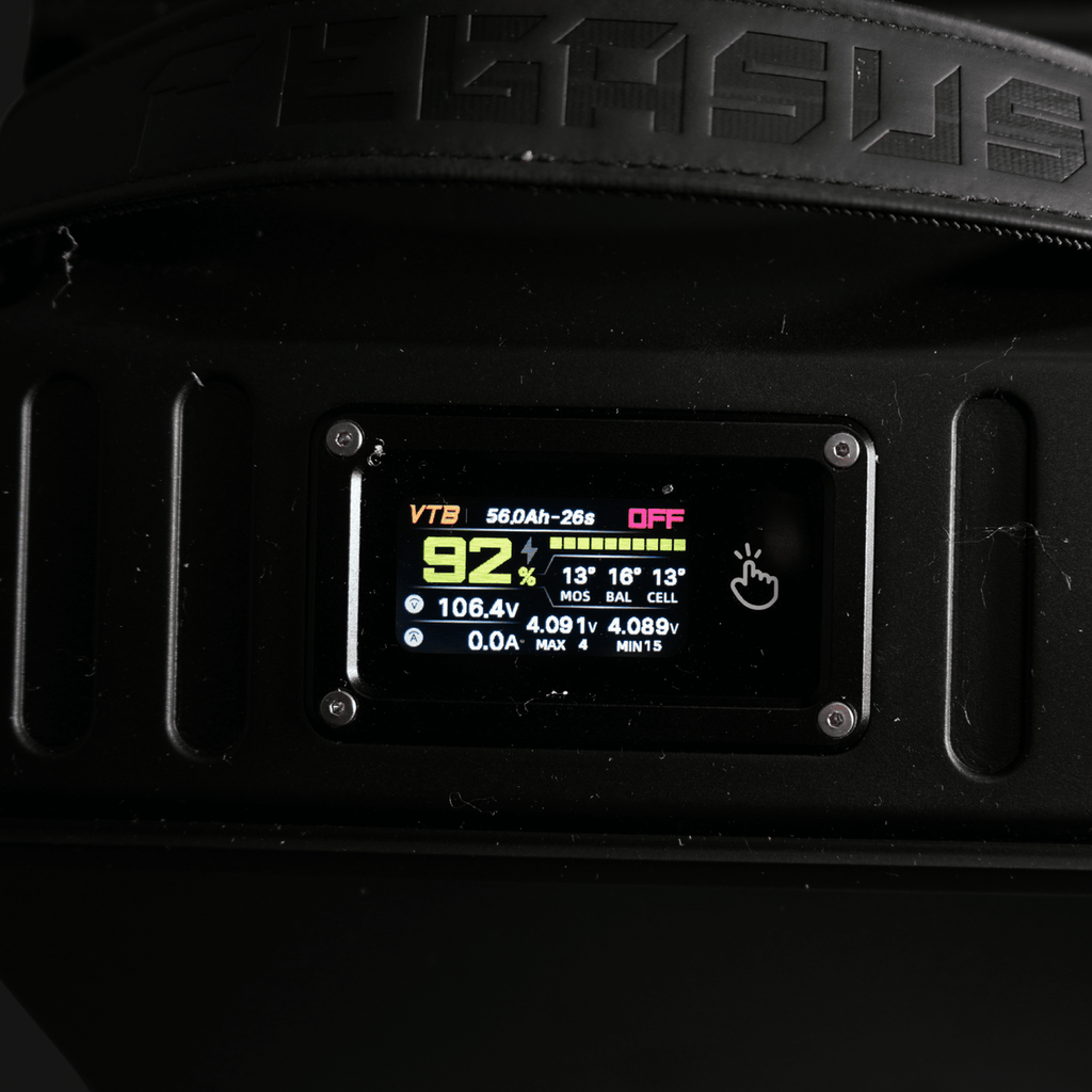 Modded Moto Co Ventus Ultra Bee 96V 56AH battery showing the compact, sturdy design with labels and terminals visible.