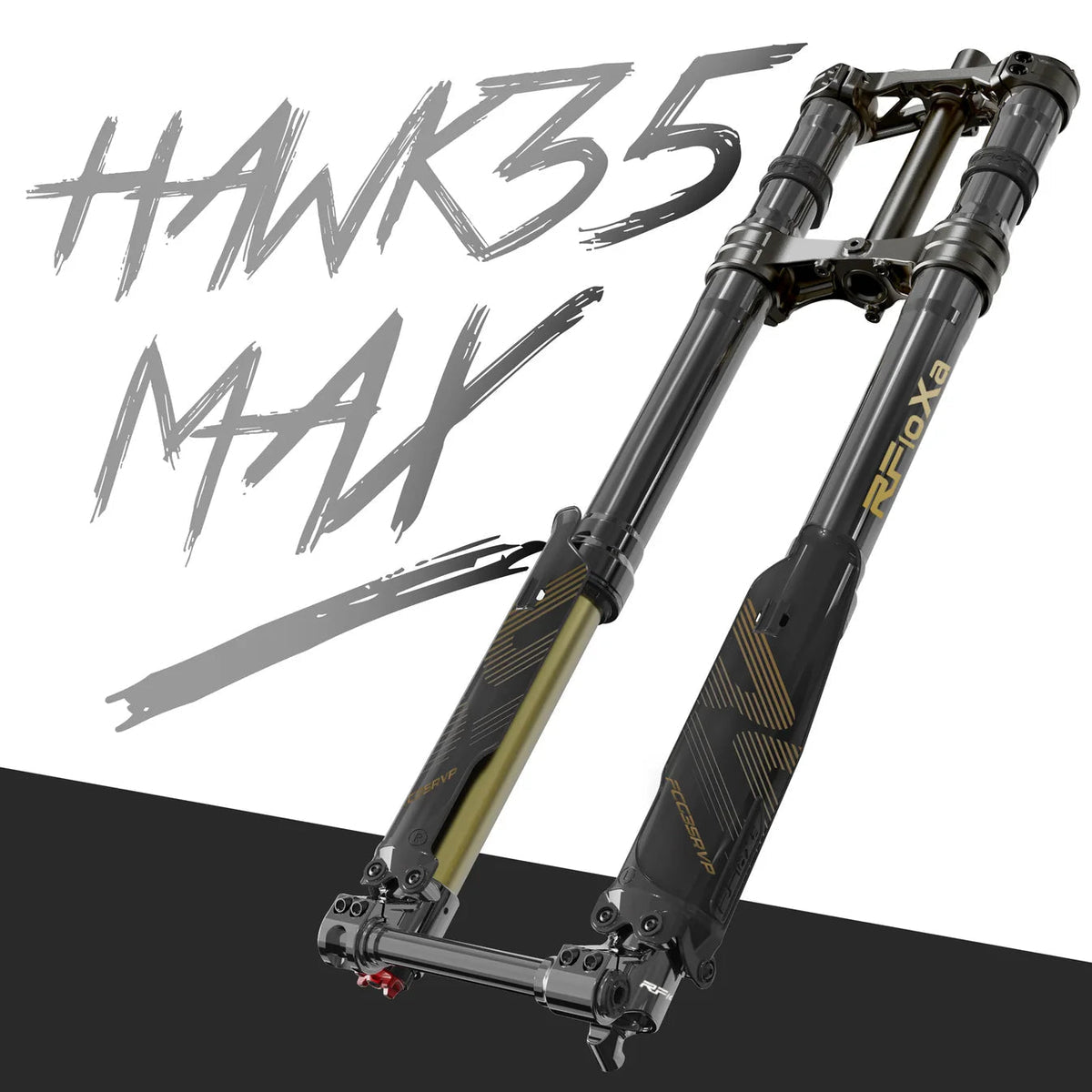 Modded Moto Co RFloXa Hawk35 Max Fork for E-Ride Pro 3.0 and SR models, showing a sleek black suspension fork with brand logo.