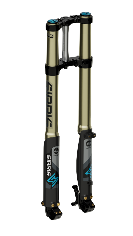 Modded Moto Co Sirris F43 Closed-Cartridge Fork – Ultra Bee, motorcycle fork with black finish and detailed close-up view.