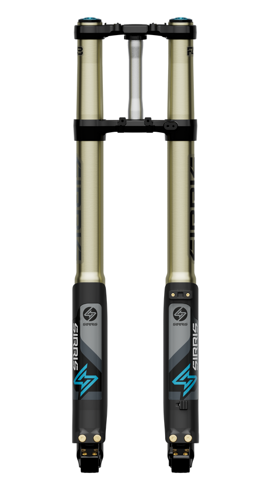 Close-up of Modded Moto Co Sirris F43 Closed-Cartridge Fork Ultra Bee showing the sleek black fork with detailed suspension components.