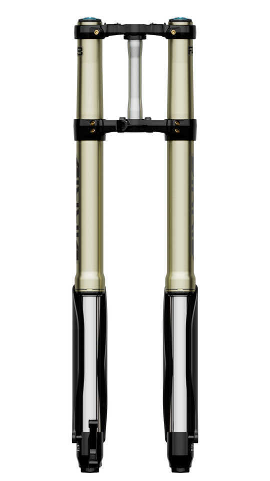 Modded Moto Co Sirris F43 Closed-Cartridge Fork Ultra Bee for motorcycles, featuring sleek black finish and advanced suspension components.
