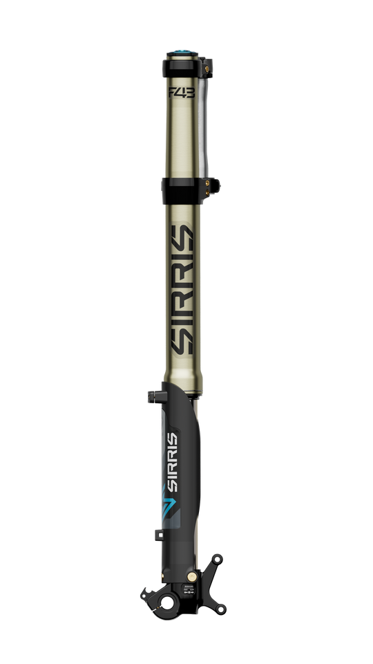 Modded Moto Co Sirris F43 Ultra Bee closed-cartridge fork featuring durable suspension and sleek design for enhanced motorcycle performance.