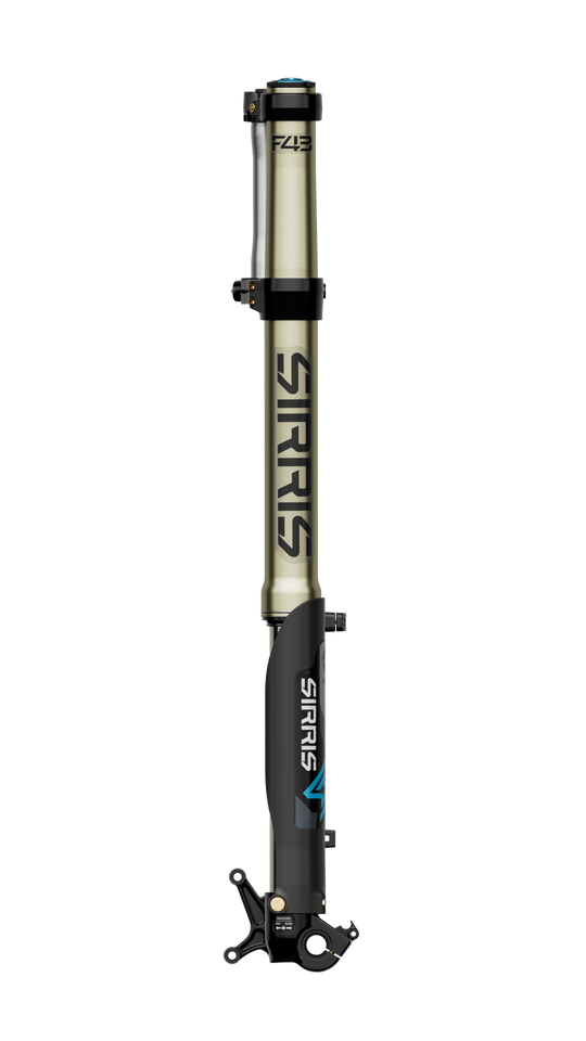 Modded Moto Co Sirris F43 Closed-Cartridge Fork Ultra Bee, black motorcycle fork with detailed suspension components.