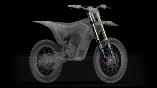 Modded Moto Co Sirris F43 Closed-Cartridge Fork Ultra Bee showing black matte finish and detailed suspension components.