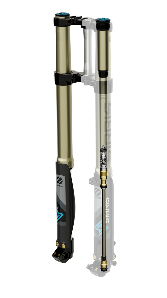 Modded Moto Co Sirris F43 Closed-Cartridge Fork Ultra Bee for motorcycles, showing the sleek black fork with detailed components.