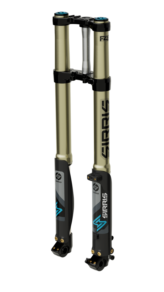 Modded Moto Co Sirris F43 Closed-Cartridge Fork Ultra Bee for motorcycles, showing the sleek black fork with detailed cartridge components.