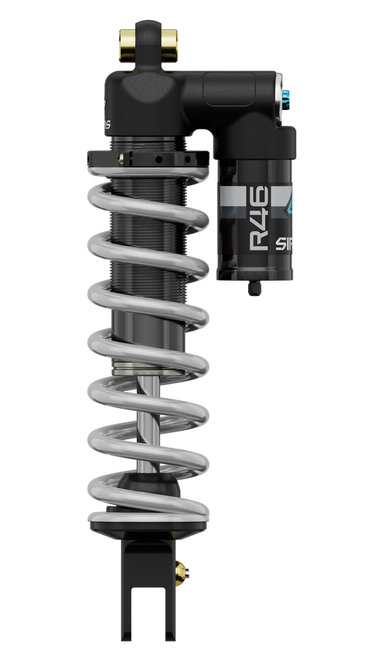 Modded Moto Co Sirris R46 Piggyback Shock for Ultra Bee motorcycle, showing the shock absorber with piggyback reservoir and mounting hardware.