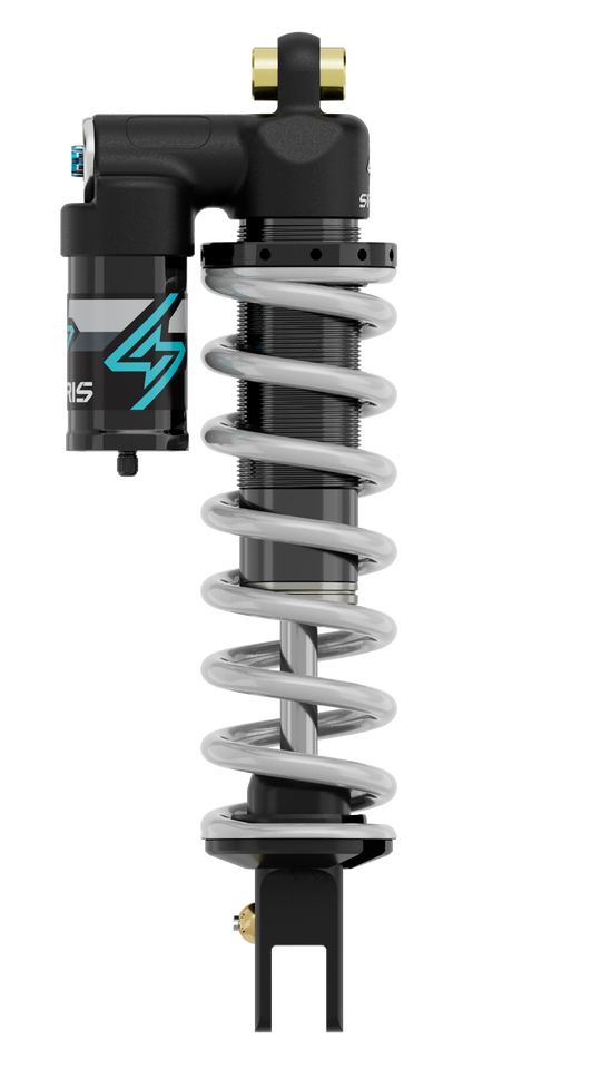 Modded Moto Co Sirris R46 Piggyback Shock for Ultra Bee motorcycle, featuring a durable shock absorber with a piggyback reservoir.