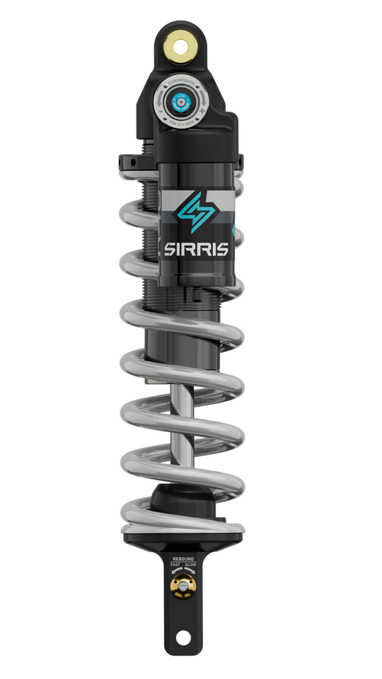 Modded Moto Co Sirris R46 Piggyback Shock for Ultra Bee motorcycle, showing the shock absorber with piggyback reservoir and mounting details.