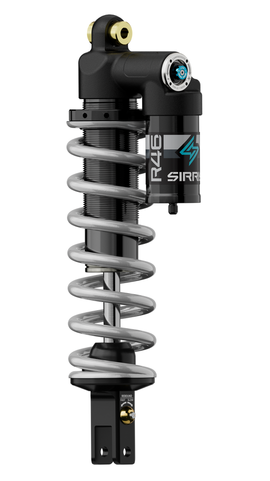 Modded Moto Co Sirris R46 Piggyback Shock for Ultra Bee motorcycle, featuring a black shock absorber with mounting hardware.