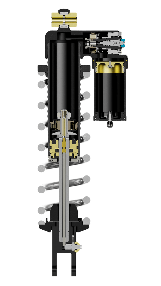 Modded Moto Co Sirris R46 Piggyback Shock for Ultra Bee motorcycle, front view showing durable shock absorber with piggyback reservoir.