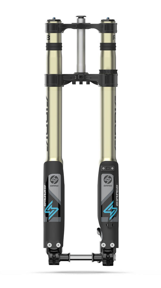 Modded Moto Co Sirris F43 CMX front fork for Light Bee and E-Ride Pro electric bikes, shown in black with mounting hardware