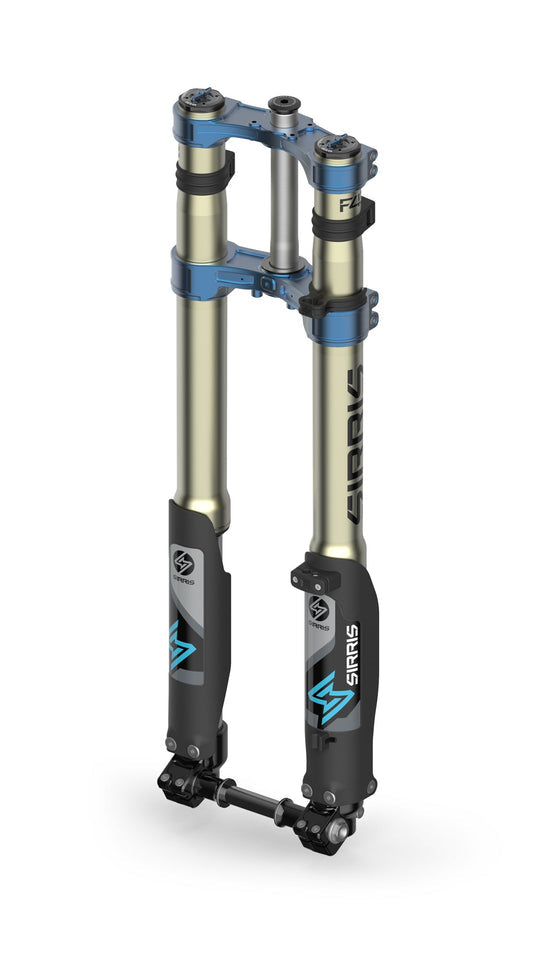 Modded Moto Co Sirris F43 CMX front fork for Light Bee and E-Ride Pro e-bikes, shown in black with suspension components.